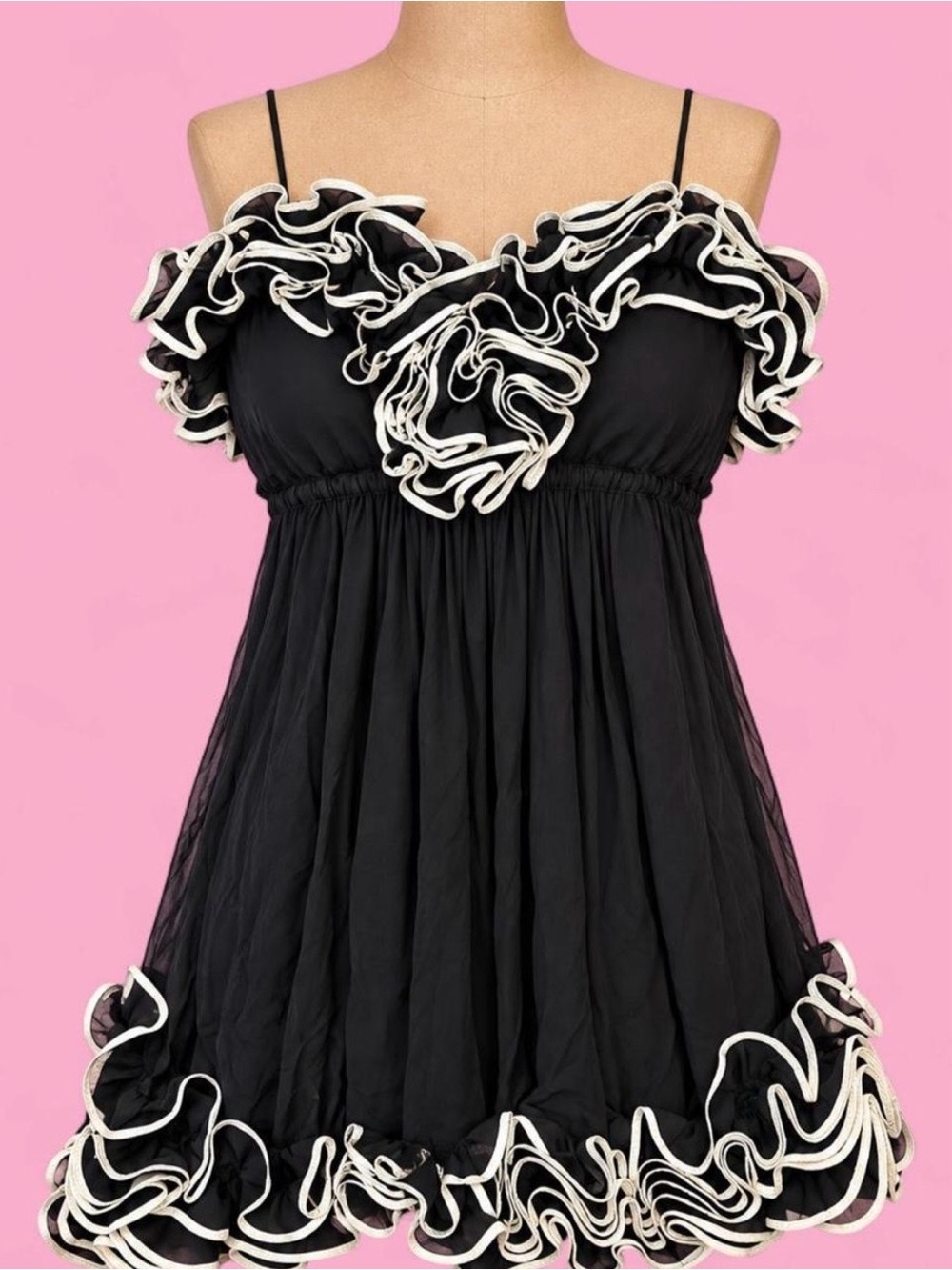 Yoana Baraschi Silk Ruffle Cami Dress Black Cream Whimsigoth Size 6